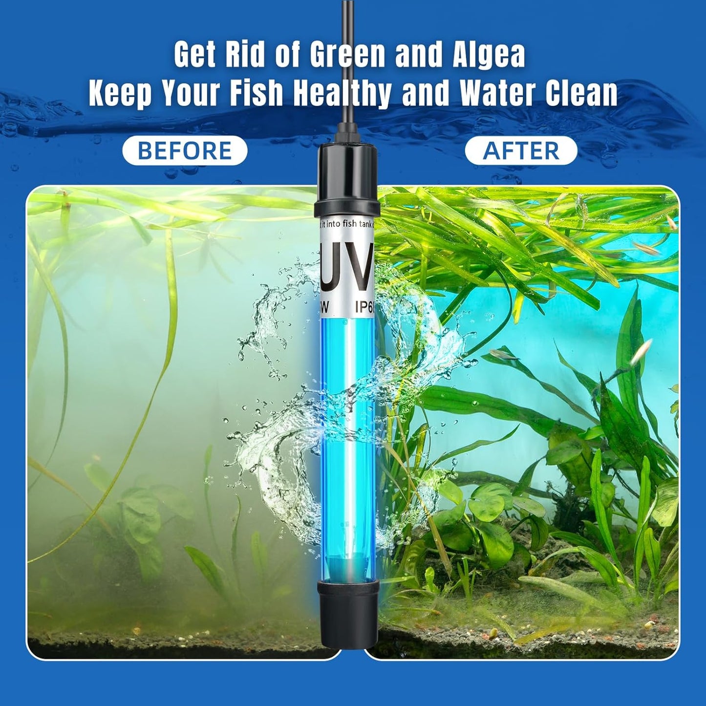 13W Aquarium UV Cleaning Light – Premium Silica Glass, Cylindrical, Transparent Design