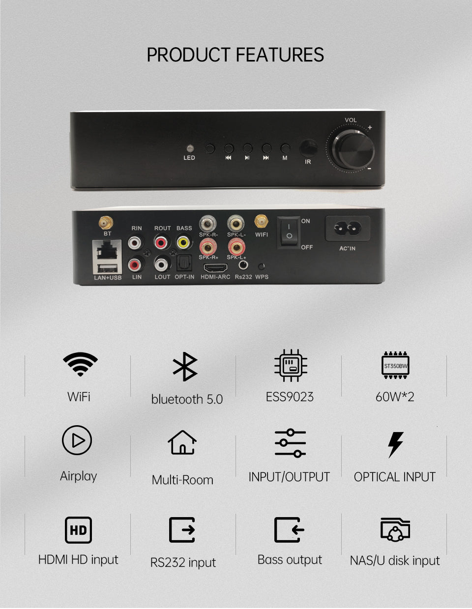 Emiuzek WA60 60W WiFi and Bluetooth HiFi Stereo Class D Digital Multi-Room Amplifier