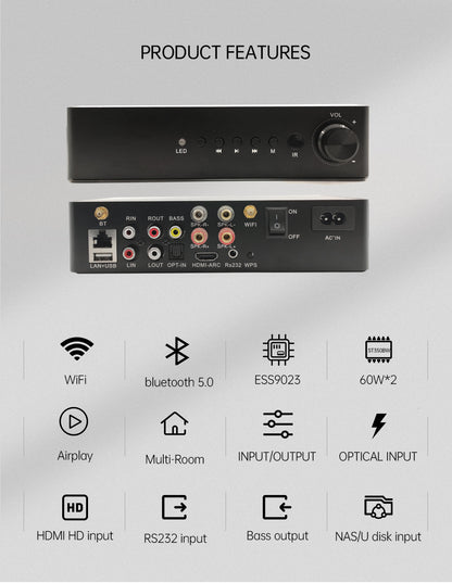 Emiuzek WA60 60W WiFi and Bluetooth HiFi Stereo Class D Digital Multi-Room Amplifier