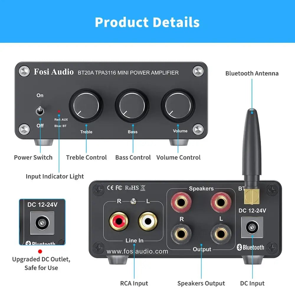 Fosi Audio BT20A 100W Bluetooth HiFi Stereo Power Amplifier