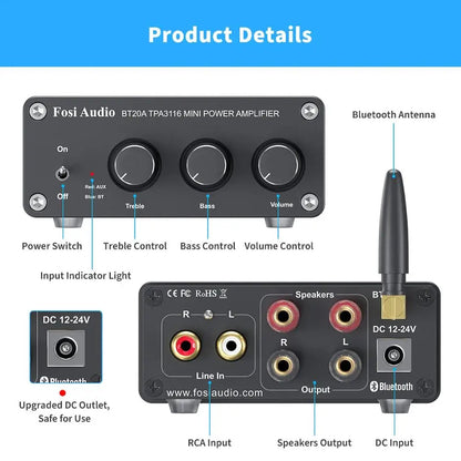 Fosi Audio BT20A 100W Bluetooth HiFi Stereo Power Amplifier